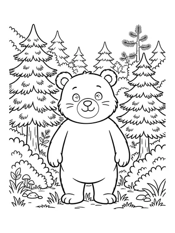 Desenho de urso pardo na floresta para colorir