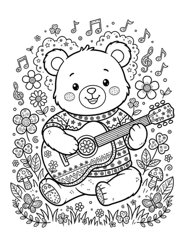 Desenho de urso tocando violão para colorir
