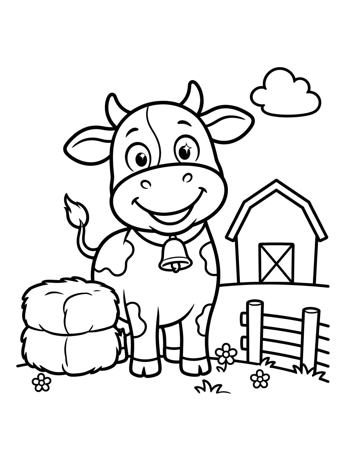 Desenho de vaca fofa na fazenda para colorir