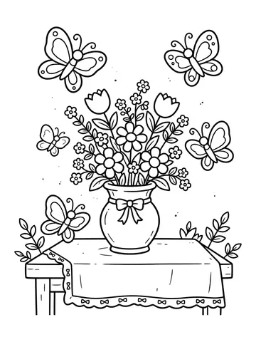 Desenho de varias borboletas em um vaso de flores para colorir