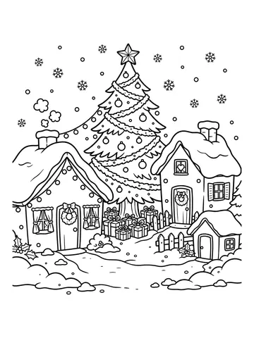 Desenho de vila de Natal com neve para colorir