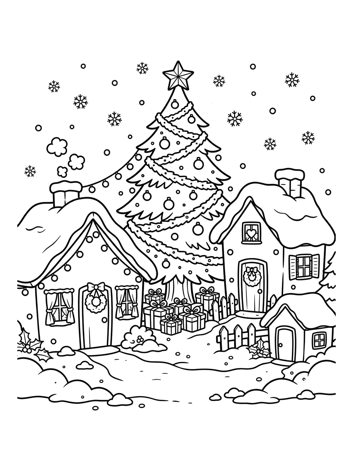 Desenho de vila de Natal com neve para colorir