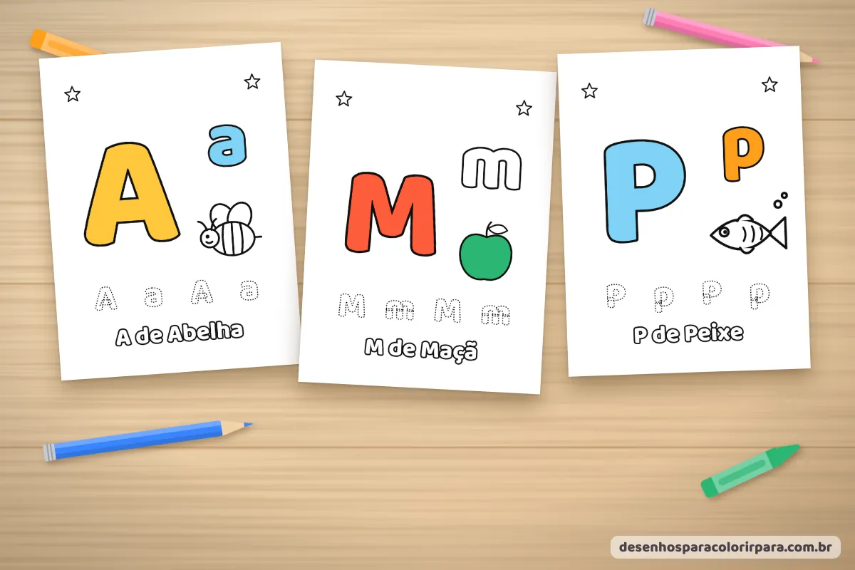 Letras do alfabeto ilustradas para colorir: A de abelha, M de maçã e P de peixe