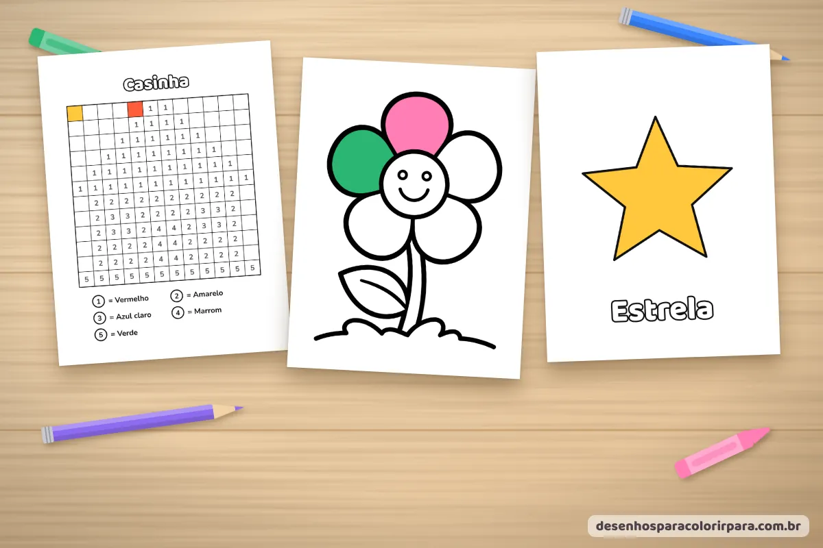 Atividades de coordenação motora: pintar por números, flor simples e estrela para colorir