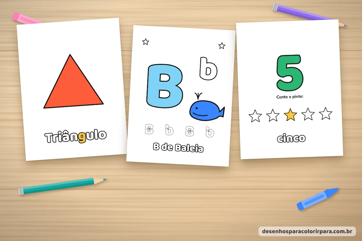Exemplos de atividades para educação infantil: formas, letras e números para colorir