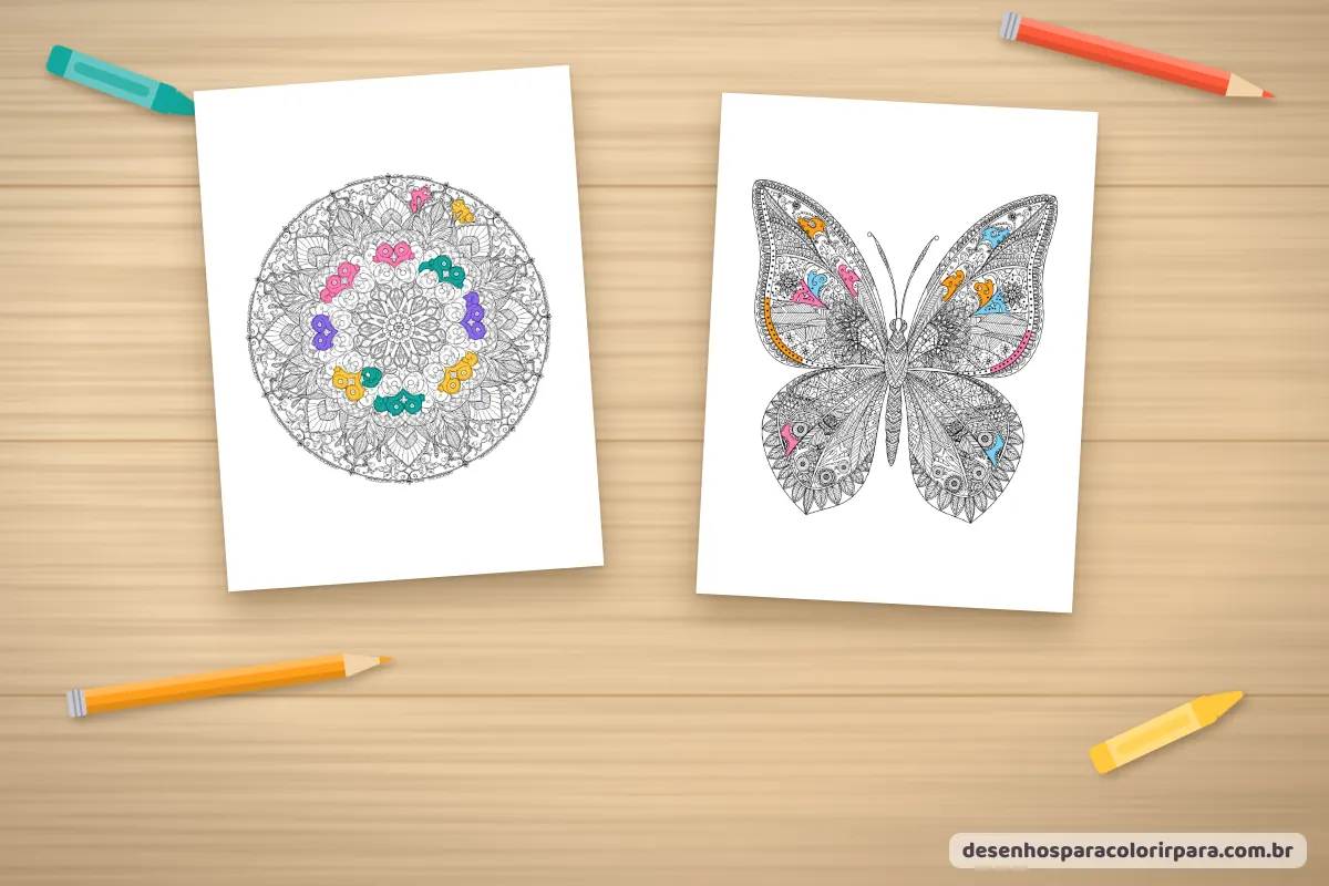 Mandala zentangle e borboleta detalhada coloridas para adultos