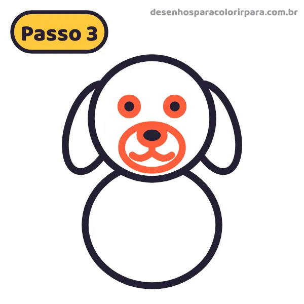 Passo 3: focinho, nariz, olhos e boca do cachorro