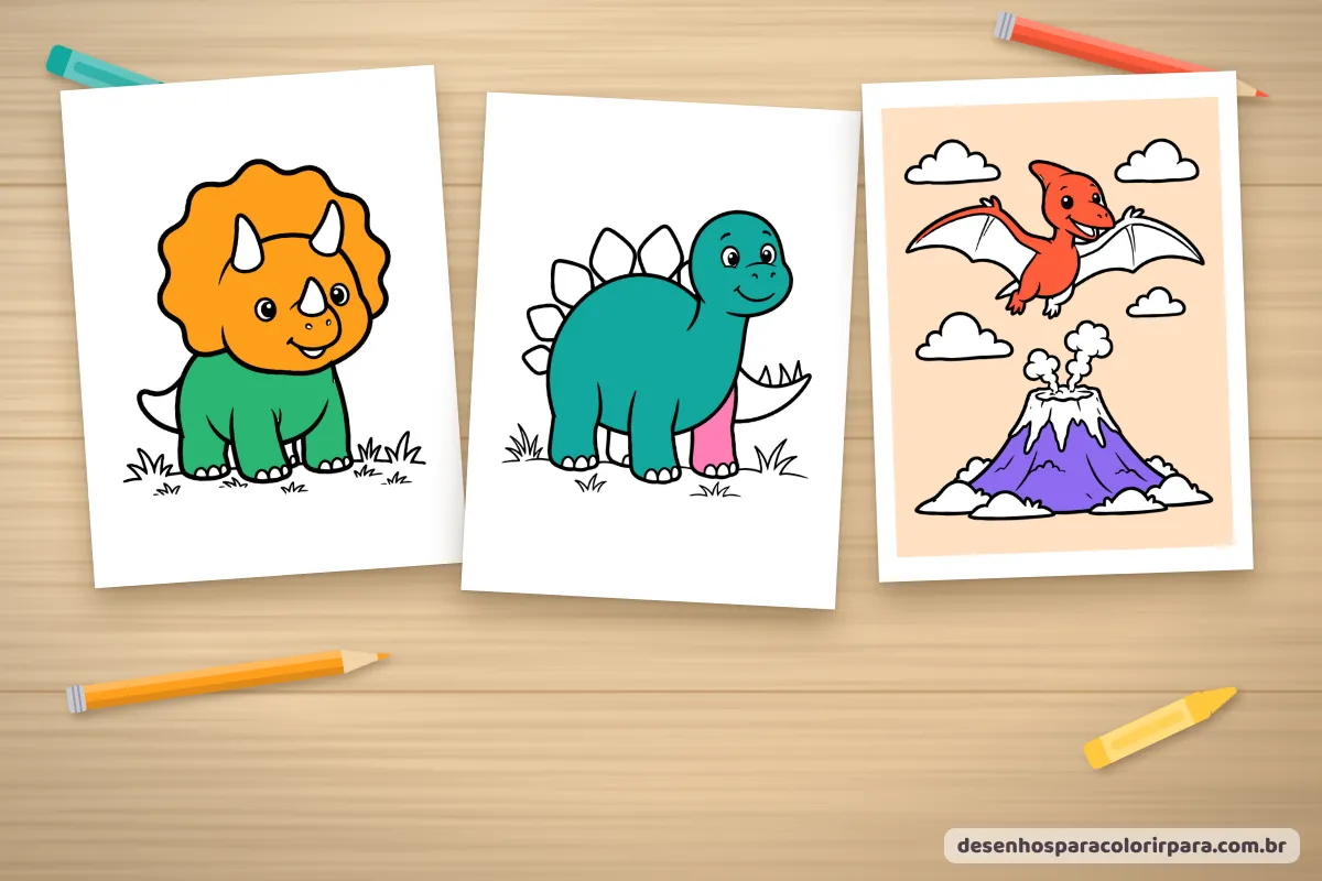 Desenhos de dinossauros coloridos: triceratops, estegossauro e pterodáctilo