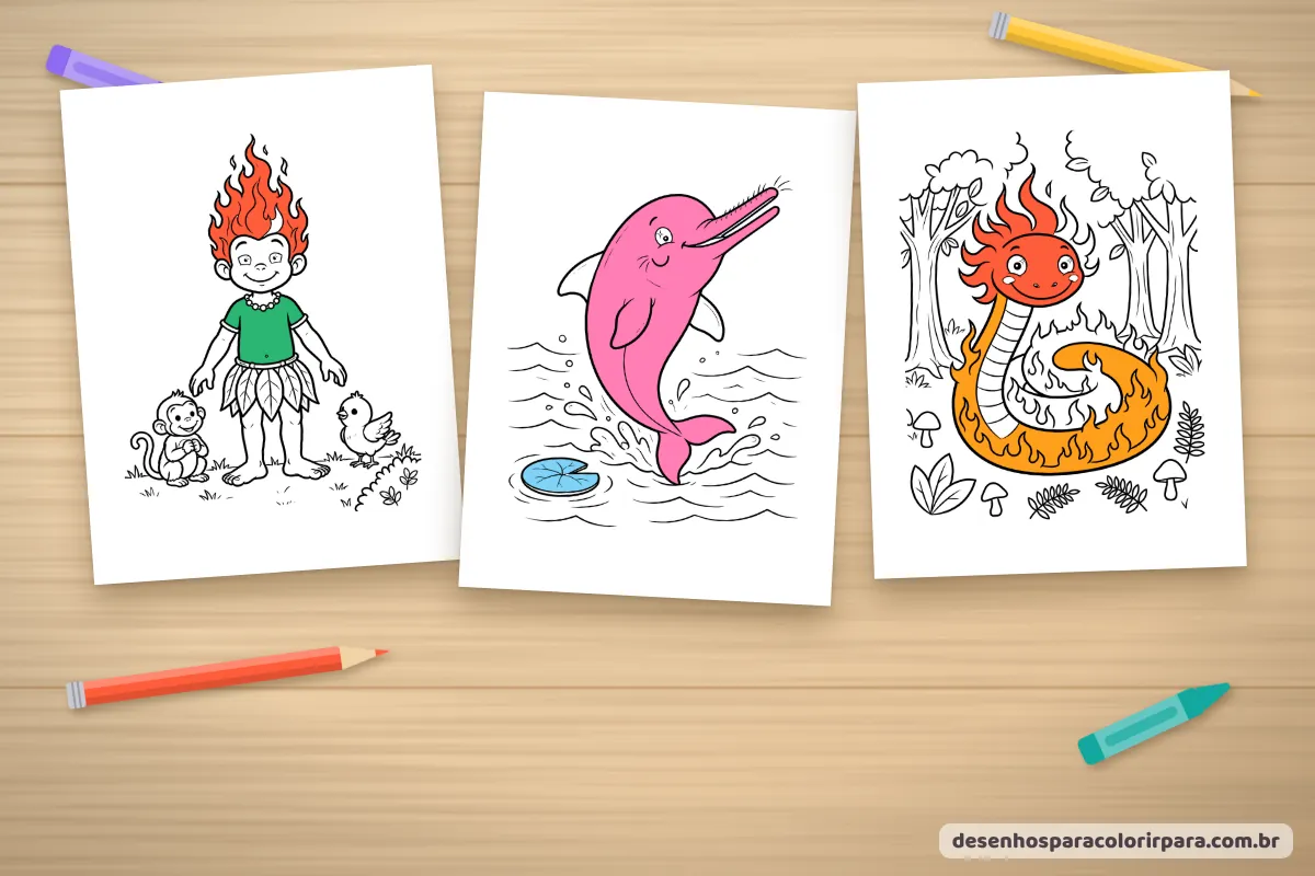 Personagens do folclore coloridos: Curupira, Boto cor-de-rosa e Boitatá