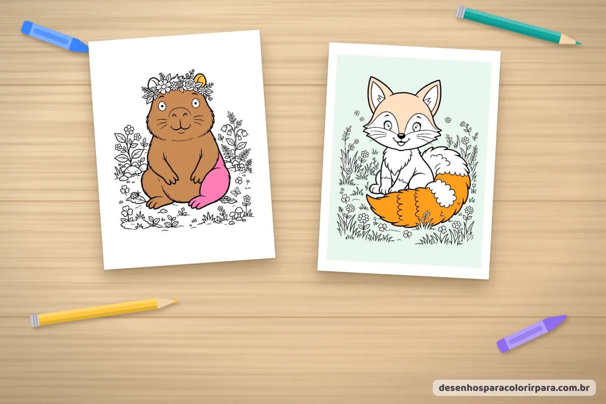 Desenhos de capivara com flores e raposa pintados com lápis de cor